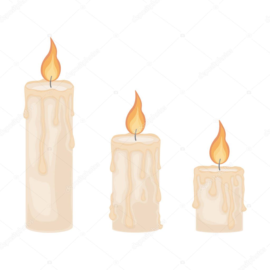 An illustration depicting three romantic burning candles. Wax candles of different sizes. Three candle flames, vector illustration isolated on a white background.