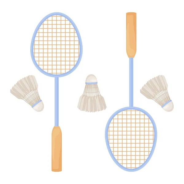 Raquetes de badminton. Um conjunto com raquetes de badminton e vaivéns. Acessórios esportivos para esportes de jogo. Ilustração vetorial isolada sobre fundo branco —  Vetores de Stock