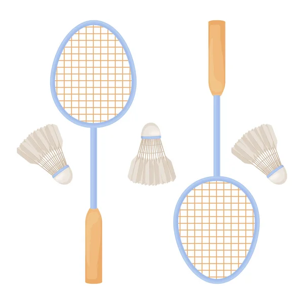 Racchette da badminton. Un set con racchette da badminton e volano. Accessori sportivi per sport di gioco. Illustrazione vettoriale isolata su sfondo bianco — Vettoriale Stock