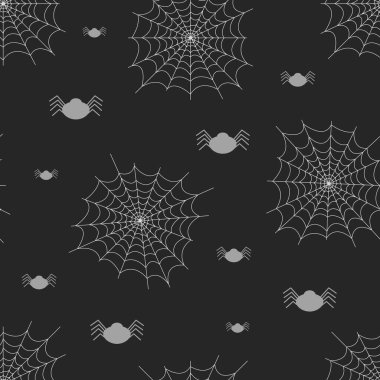 Şablon. Siyah arkaplanda örümcek ağı ve örümcek resmi olan kusursuz bir desen. Parmak izi için örümcek ağları ve örümcekli desen. Vektör illüstrasyonu