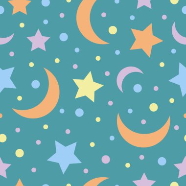 Şablon. Çok renkli ay ve yıldızların görüntüsüyle parlak çocukların kusursuz desenleri. Hilal ay ve yıldızlı gece desenleri, baskı ve hediye paketi için. Vektör