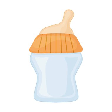 İçinde bebekler için emzik olan bir şişe. Yeni doğanları beslemek için boş bir şişe. Bebek sütü şişesi. Beyaz arkaplanda izole edilmiş vektör illüstrasyonu.