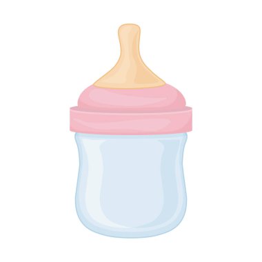 İçinde bebekler için emzik olan bir şişe. Yeni doğanları beslemek için boş bir şişe. Bebek sütü şişesi. Beyaz arkaplanda izole edilmiş vektör illüstrasyonu.