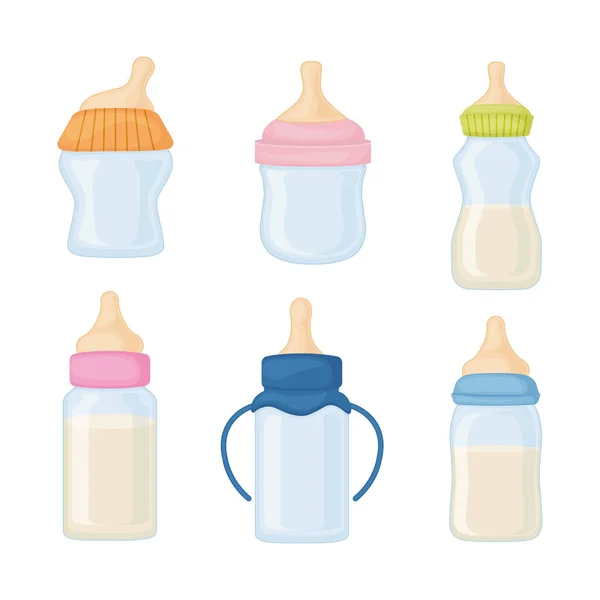 Set Bottles Pacifier Babies Baby Feeding Bottles Filled Milk Collection — Image vectorielle