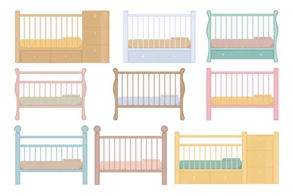 Large Set Cots Different Colors Wooden Baby Cots Mattresses Pillows — Stockvector