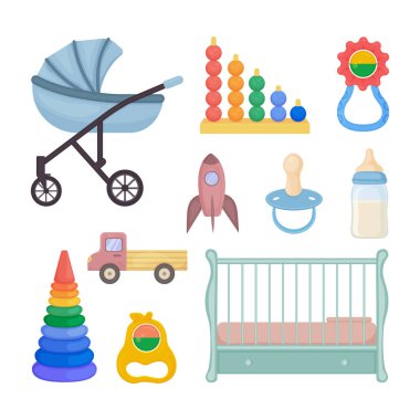 A set of baby accessories, such as a stroller, a rattle, a crib, a pacifier, a bottle and also children s toys. Collection of children s accessories. Vector illustration.