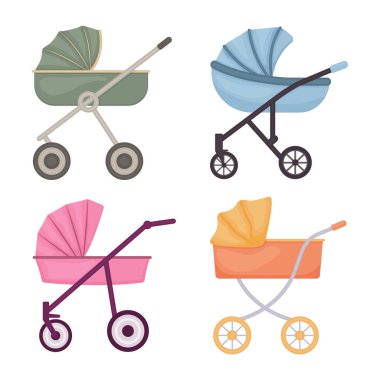 Baby strollers. A set of baby strollers. Strollers for newborns of different colors. Vintage strollers. Vector illustration isolated on a white background.