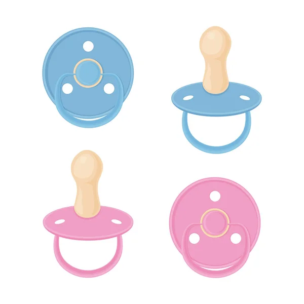 Set Consisting Baby Pacifiers Blue Pink Colors Collection Nipples Baby — Stockvector