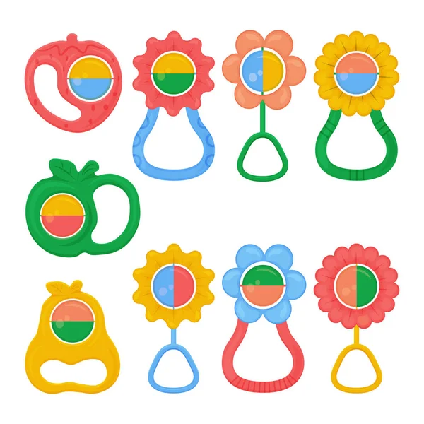 Set Colored Baby Rattles Various Shapes Large Collection Teether Rattles — Vector de stock