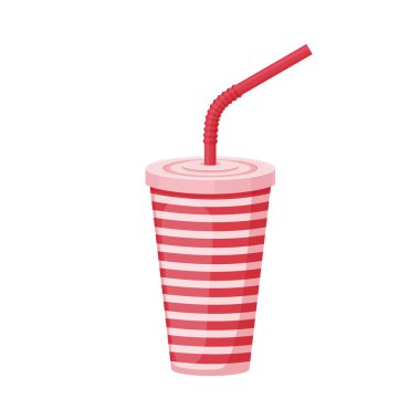 Kamışlı bir kağıt bardak resmi. Fast food için plastik bardak. Pipetle kırmızı çizgili içecek bardağı. Beyaz arkaplanda izole edilmiş vektör illüstrasyonu.