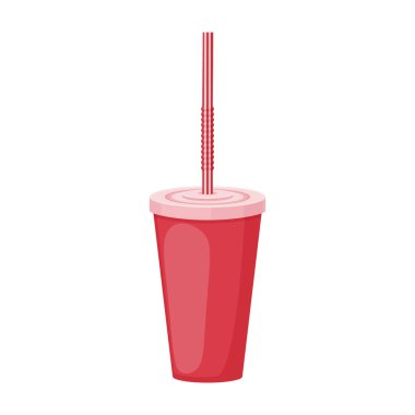 An image of a paper cup with a straw. A plastic cup for fast food. A cup for drinks in red with a straw. Vector illustration isolated on a white background.