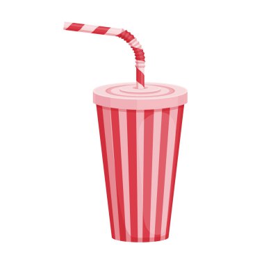 Kamışlı bir kağıt bardak resmi. Fast food için plastik bardak. Pipetle kırmızı çizgili içecek bardağı. Beyaz arkaplanda izole edilmiş vektör illüstrasyonu