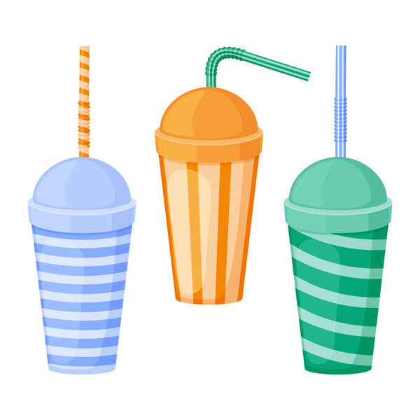 A paper cup. A set of paper cups with a straw. Plastic cups for fast food. A cup for drinks of different colors with a straw. Vector illustration isolated on a white background