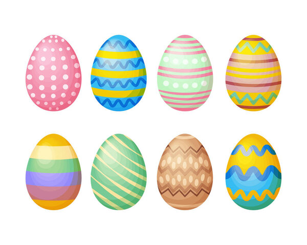 Easter colored eggs set. Eggs decorated with various patterns. Collection of Easter eggs. Vector illustration