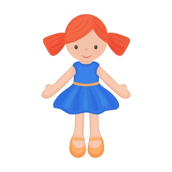 인형. 빨간 머리의 귀여운 어린이 장난감. 아름다운 드레스를 입은 인형. 흰색 배경에서 분리 된 벡터 그림 — 스톡 벡터