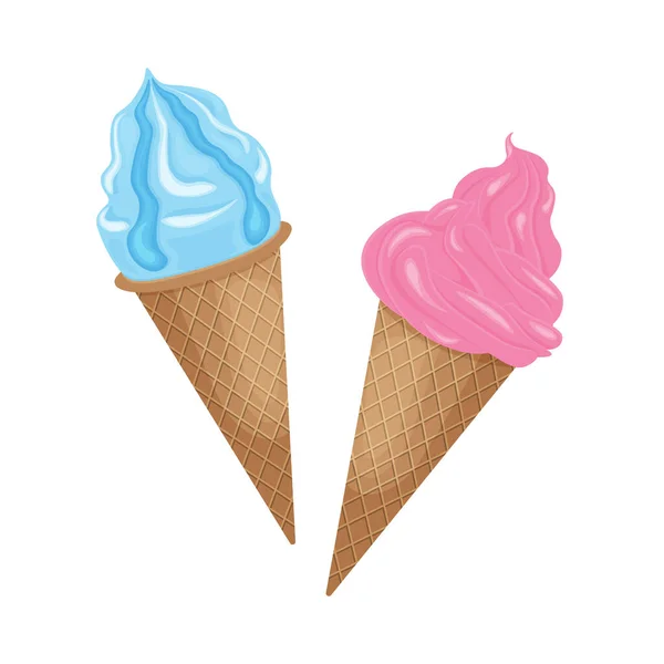 Jégkrém Finom Jégkrém Gofris Tölcsérben Vanília Fagyi Rózsaszín Kék Vektor — Stock Vector