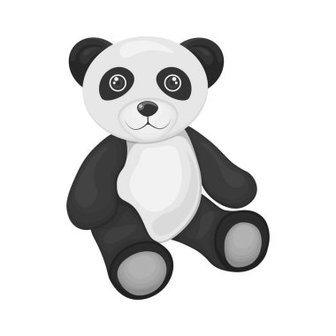 Şirin panda oyuncağı. Gülümseyen bir panda yerde oturuyor. Doldurulmuş bir panda. Beyaz arkaplanda izole edilmiş vektör illüstrasyonu.