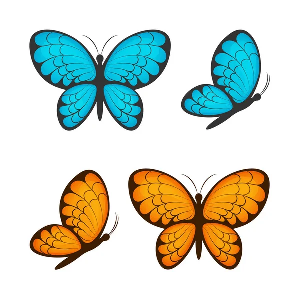 Motýli. Kolekce motýlů různých barev. Sada modrých a žlutých motýlů. Motýli, pohled z boku a pohled shora. Vektorová ilustrace — Stockový vektor
