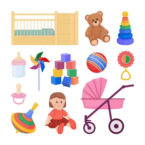 Duża Kolekcja Akcesoriów Zabawek Dla Dzieci Takich Jak Łóżeczko Dziecięce — Wektor stockowy