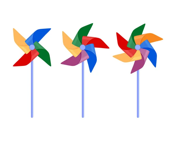 儿童玩具风车组 一套五颜六色的儿童用风车 矢量图解 在白色背景上孤立 — 图库矢量图片