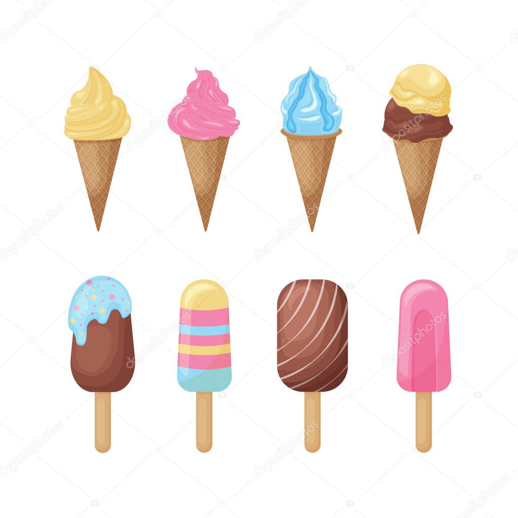Ice cream in a waffle cup and popsicle. A set of various ice cream. A large collection of ice cream. Sweet cold dessert, vector illustration.
