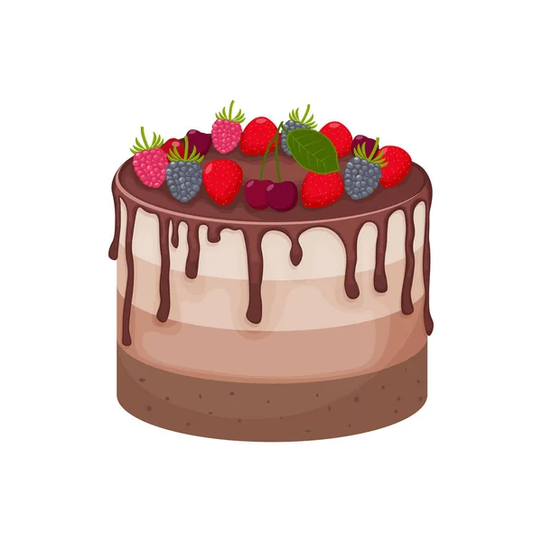 Gros Gâteau Délicieux Gâteau Éponge Versé Avec Chocolat Gâteau Chocolat — Image vectorielle