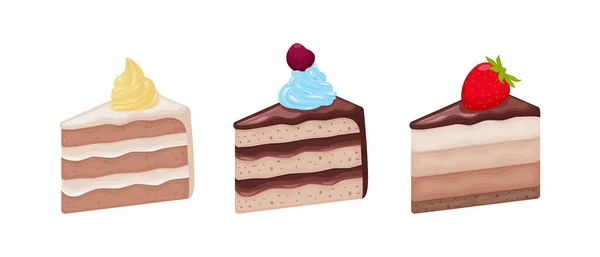 Des gâteaux. Un ensemble de différents gâteaux de forme triangulaire. Gâteaux décorés avec diverses crèmes et baies. Une collection de desserts sucrés. Illustration vectorielle — Image vectorielle