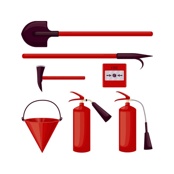 Equipo de bomberos. Accesorios para la extinción de incendios, como extintores, palas de fuego, hachas, cubos y botón de alarma de incendios. Vector — Archivo Imágenes Vectoriales
