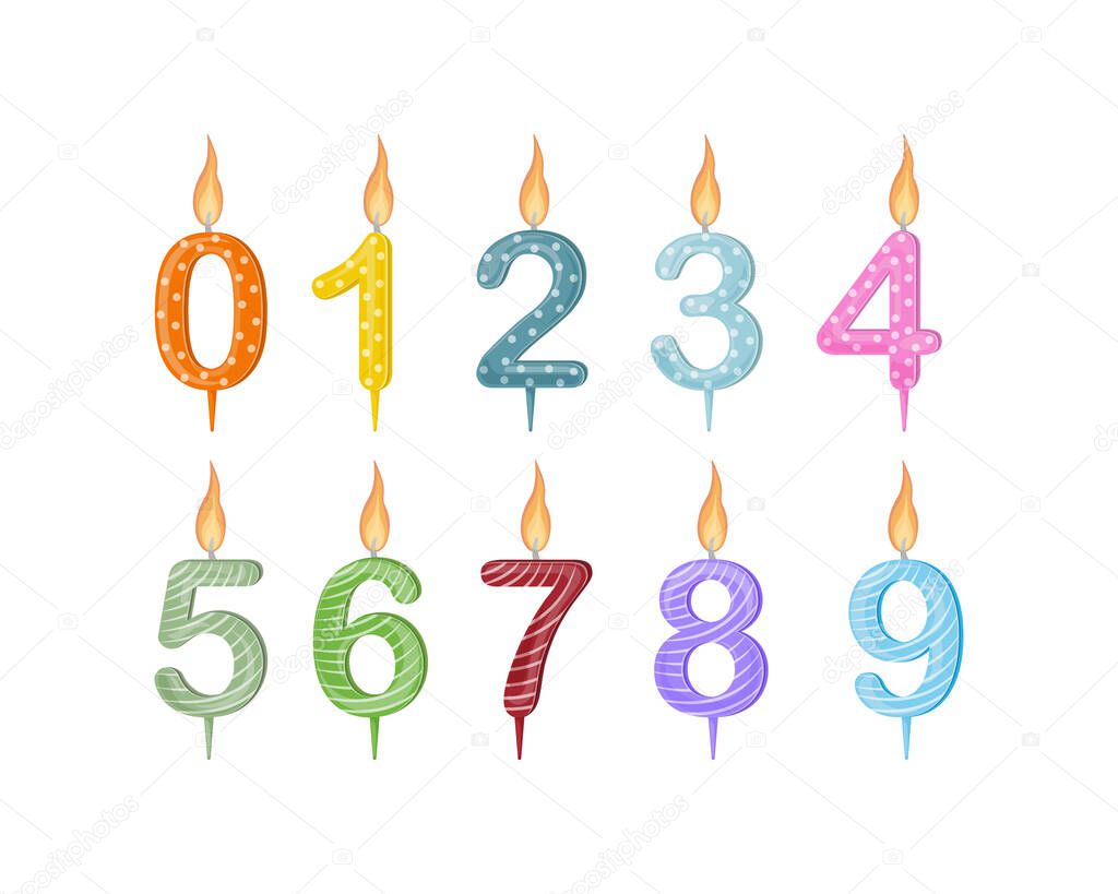 Candles figures for the cake. Colorful festive candles in the form of numbers, for cake decoration. Bright accessories for the holiday. Vector illustration