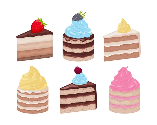 Pasteles. Un conjunto de diferentes pasteles de forma triangular. Tortas decoradas con varias cremas y bayas. Una colección de postres dulces. Ilustración vectorial — Vector de stock