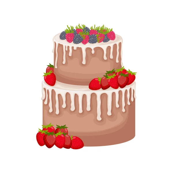 Een grote taart van twee verdiepingen. Een grote taart gegoten met boterroom en versierd met aardbeien en aardbeien. Zoete dessert, vector illustratie geïsoleerd op een witte achtergrond — Stockvector