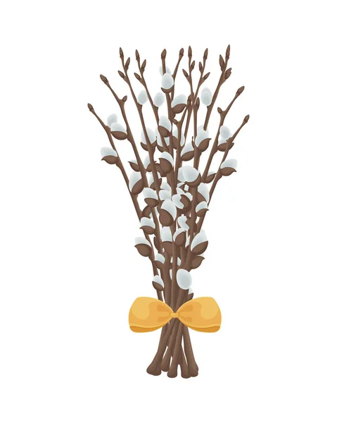 ウィロー。黄色の弓で結ばれた柳の花束。柳の枝を描いた春のイラスト。白い背景に独立したベクターイラスト — ストックベクタ