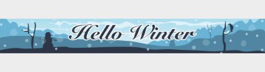 Düz kış manzarası. Vektör uzun bayrak. Arka plan, kar havası. Kardan adam, kuzgun kuş. Çıplak ağaçlar, vadi. Düşen kar taneleri. Web sayfası tasarımı. Mevsim afişi. Mavi palet rengi. Merhaba kış..