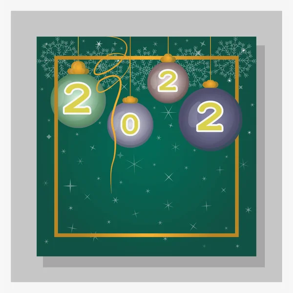 Weihnachtsbaumspielzeug Neujahrskugeln 2022 Vektorflache Postkarte Glänzendes Goldgefälle Fallender Schneehintergrund Grüne — Stockvektor