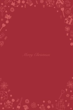 Kırmızı Noel karalama çerçevesi. Kış süslemeleri. Kırmızı pastel yeni yıl şeyleri. Noel ağacı oyuncakları deseni, kare ve dikdörtgen web pankartı tasarımı. Davetiye, kartpostal, Mutlu Noeller. 