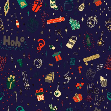 Koyu mavi, kusursuz bir Noel deseni. Karalama hediyeler, ambalaj kağıtları, yeni yıl geçmişi. Fiyonklu çeşitli kutular. Parıltı ve kıvılcımlar, kış süsü, bal, torba, kalp. Kumaş izi.