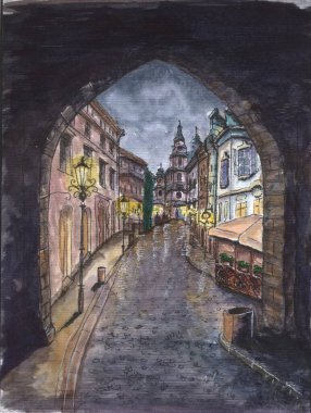 old city Prague Czech Republic art illustration retro vintage
