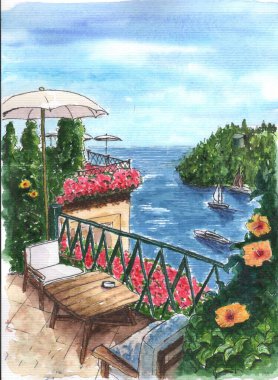 beautiful watercolor painting of a beach with a bench and a umbrella
