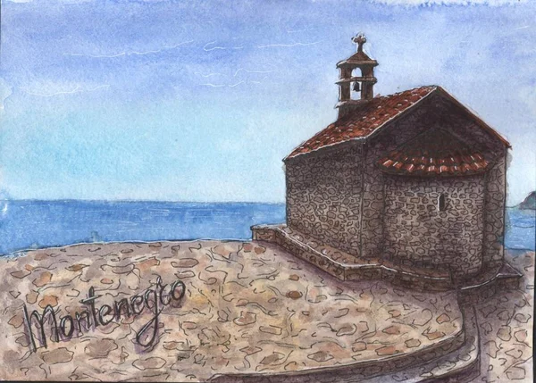 watercolor drawing of a church in the old town in Montenegro