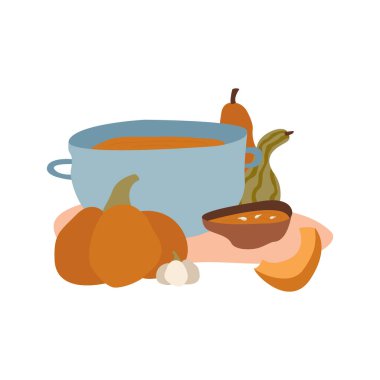 Tencere ve kase, lezzetli balkabağı ve kabak çorbası. Cadılar Bayramı, sonbahar, Şükran Günü yemeği, sonbahar festivali. Balkabağı mevsimi, hasat, yemek pişirme gibi konular için