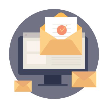 Onaylanmış belgelerle birlikte bilgisayar ekranının önünde açılmış bir mektup. E-posta, bülten, tebligat. Kurye, iletişim, iş gibi konular için