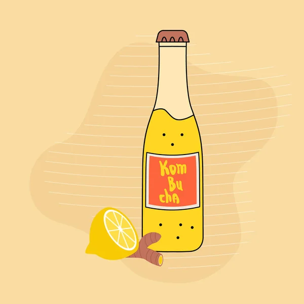 Botella Vidrio Refrescante Bebida Kombucha Con Jengibre Limón Bebida Sana Ilustración De Stock