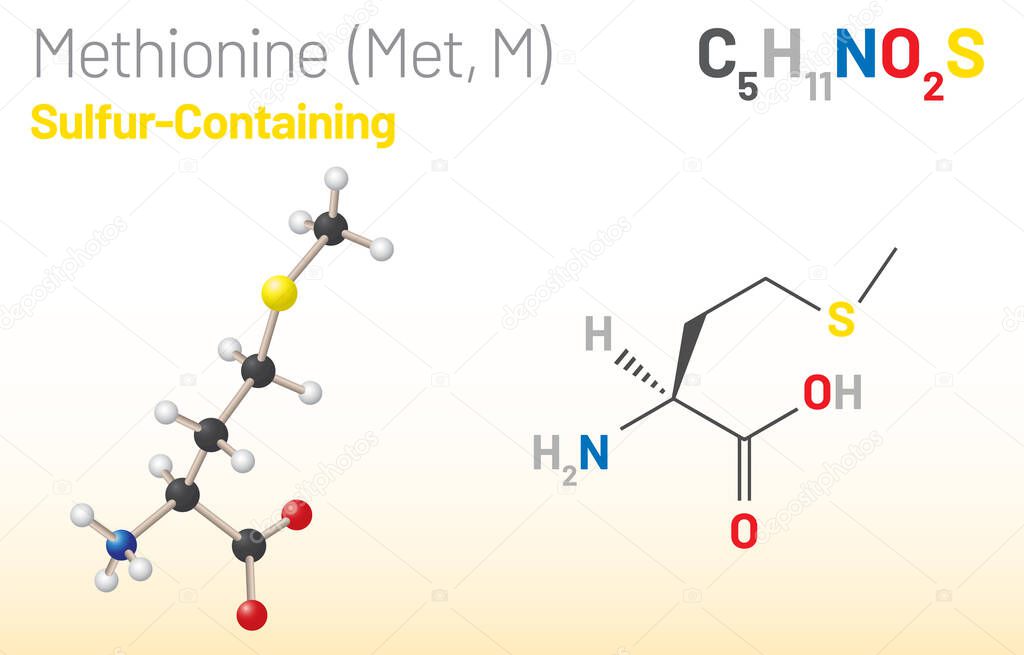 Metionina (Met, M) molécula de aminoácidos. (fórmula química C5H11NO2S