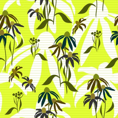 Yaprakları ve çiçekleri olan soyut, pürüzsüz bir desen. Çeşitli yüzey için vektör arkaplanı. Moda el çizimi dokular.