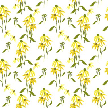 Yaprakları ve çiçekleri olan soyut, pürüzsüz bir desen. Çeşitli yüzey için vektör arkaplanı. Moda el çizimi dokular.