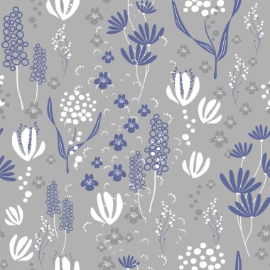 Yaprakları ve çiçekleri olan soyut, pürüzsüz bir desen. Çeşitli yüzey için vektör arkaplanı. Moda el çizimi dokular.