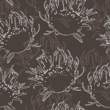 Yaprakları ve çiçekleri olan soyut, pürüzsüz bir desen. Çeşitli yüzey için vektör arkaplanı. Moda el çizimi dokular.