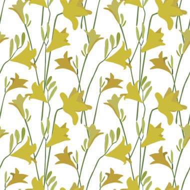 Yaprakları ve çiçekleri olan soyut, pürüzsüz bir desen. Çeşitli yüzey için vektör arkaplanı. Moda el çizimi dokular.