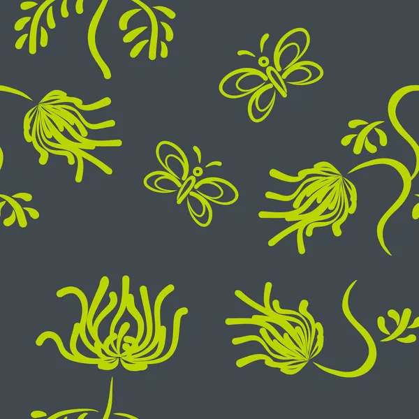 Yaprakları ve çiçekleri olan soyut, pürüzsüz bir desen. Çeşitli yüzey için vektör arkaplanı. Moda el çizimi dokular.