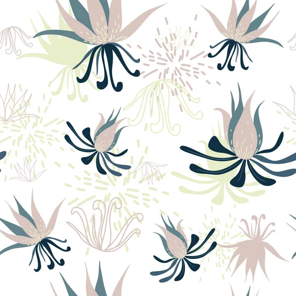 Yaprakları ve çiçekleri olan soyut, pürüzsüz bir desen. Çeşitli yüzey için vektör arkaplanı. Moda el çizimi dokular.